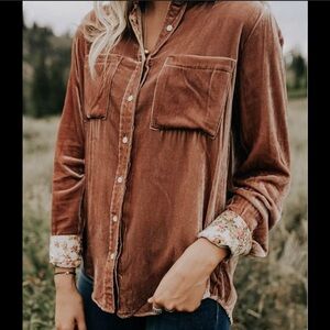 Button-Up velvet like Shirt with Floral Cuffs size small